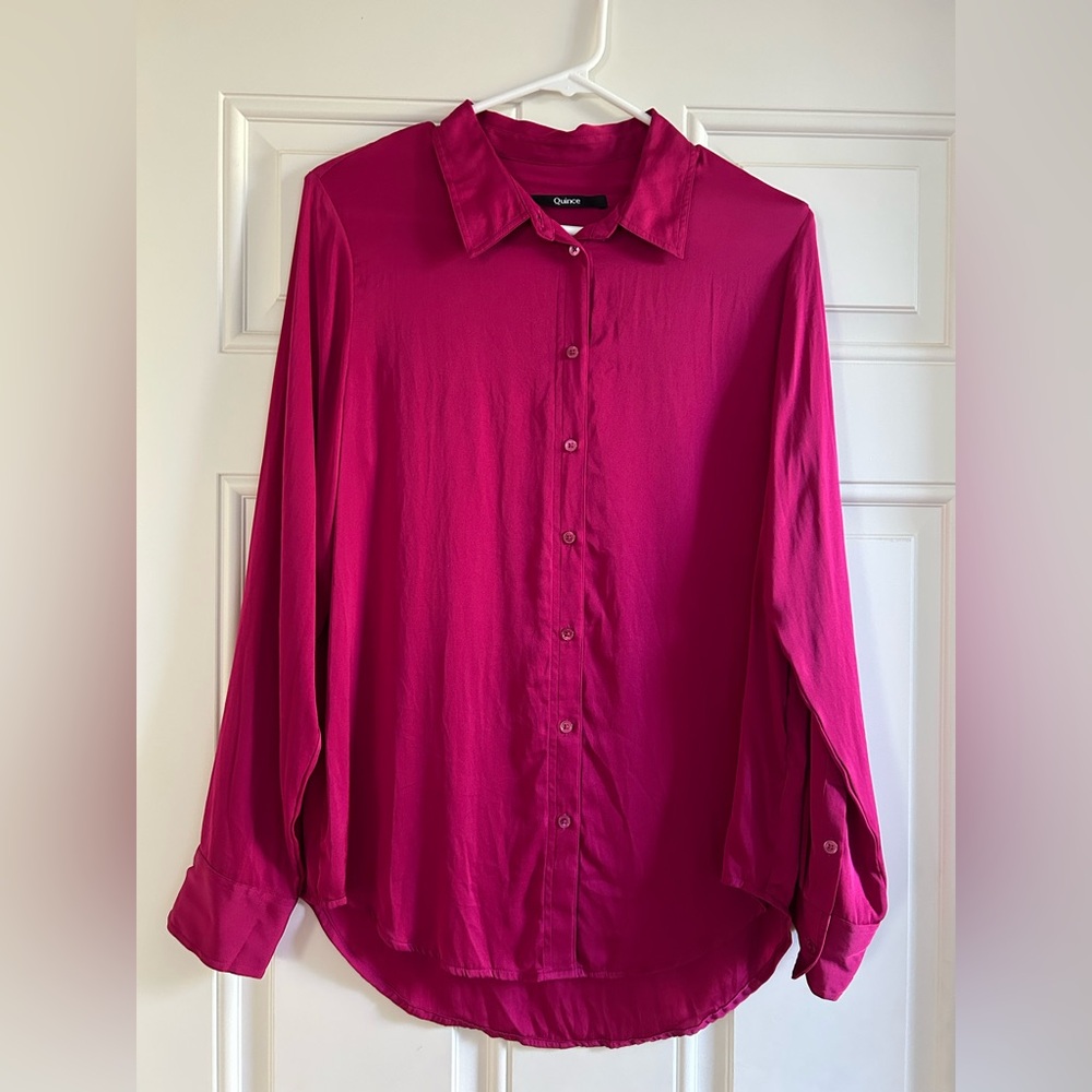 Quince Womens Washable Stretch Silk Blouse Fuchsia Long Sleeved Top-Size L